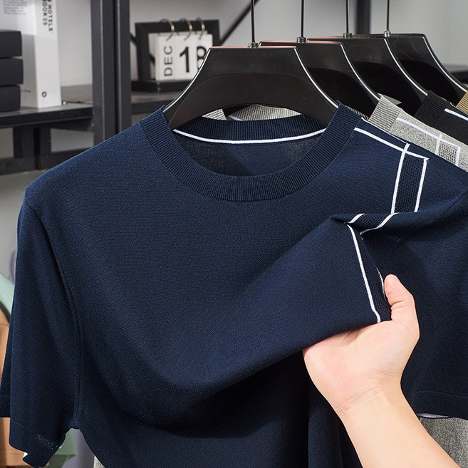 여름 반팔 니트 남성 경량 텐셀 시원한 반팔 라운드넥 티셔츠 트렌디 패션 상의