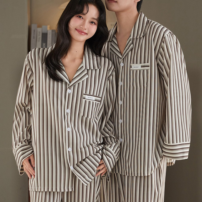 레베로프 긴팔 파자마 여성 남성 잠옷 세트 커플 홈웨어 250732