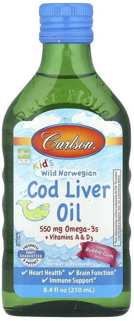 Carlson 어린이용 노르웨이야생 대구 간유 + 비타민A 및 D3 버블검 250ml(8.4fl oz), Carlson어린이용노르웨이야생대구간유비타민A및D3버블 - 쿠팡