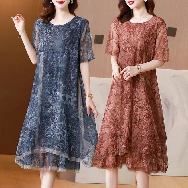 엄마복 고급 잔꽃 반팔 쉬폰 원피스 캐주얼 라운드넥 시스루 여름 뱃살커버 여성원피스 치마 중년여성