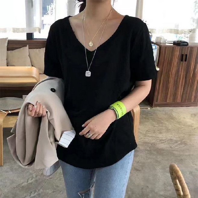 竹節棉 V領短袖T恤 寬鬆韓版 夏季新款 女