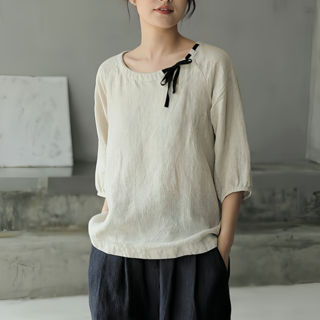 Makone 여성 라운드넥 솔리드 빅사이즈 린넨 상의 리본포인트 빈티지 심플 5부소매 블라우스