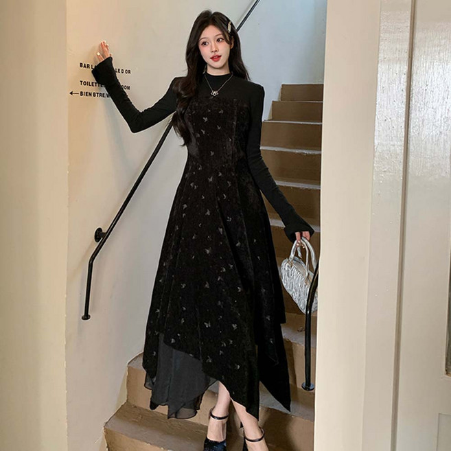 TKX 여성용 롱 슬리브 벨벳 드레스 나비 패턴 하이넥 비대칭 밑단 우아한 디자인 K53