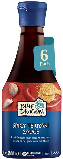 Blue Dragon 스파이시 데리야끼 소스 - 297.7g(10.5온스) (6팩) 인공 색소나 향료 없음 간장 및 레드 칠리로 제작 비건 디핑 생선 닭고기 쇠고기 마리네, 10.5 Ounce (Pack of 6)