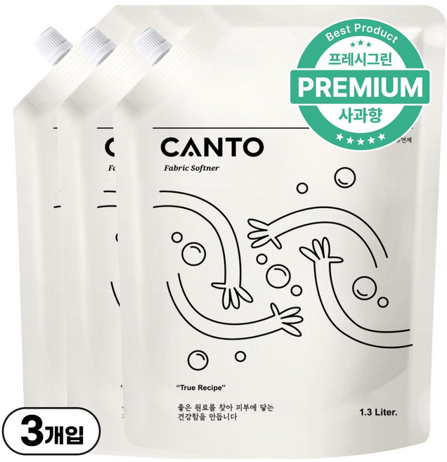 칸토 고농축 프리미엄 섬유유연제 파우치 새콤달콤 과일향 프레시그린, 3개, 1.3L