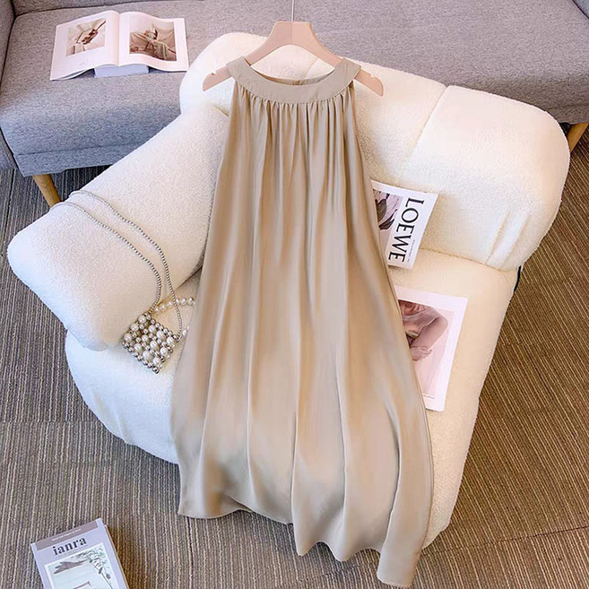 FANSYLI 바캉스 원피스 여성 민소매 라운드 원피스 심플 셔링 원피스 롱 쉬폰 A라인 원피스 X2505M29