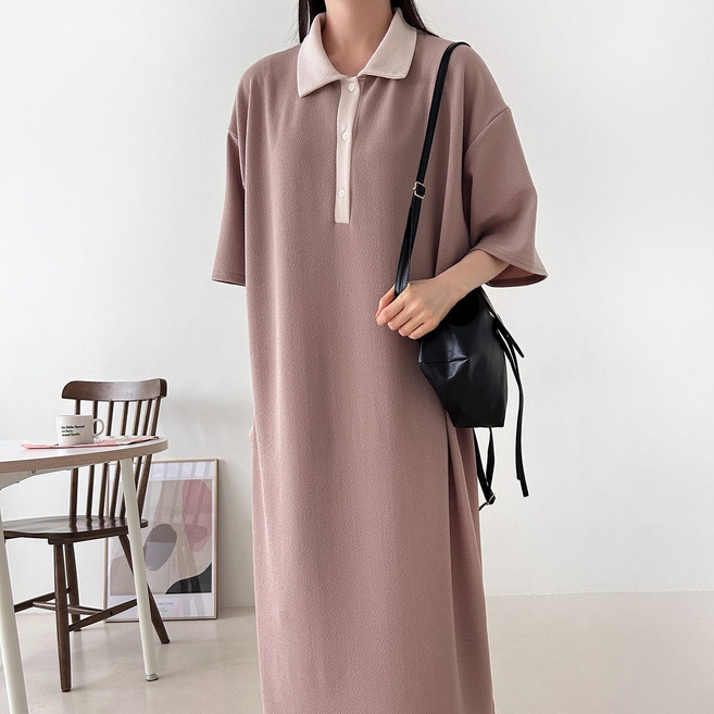 더한땀 크림 배색 카라 반팔 원피스 빅사이즈 여름 임부복