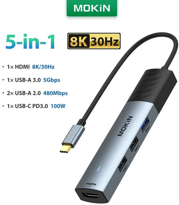 MOKiN 5 in1 USB C 허브 타입 to 4K144Hz HDMI 5Gbps 100W 충전 도킹 스테이션 맥북 프로 에어 M1 레노버용, 01 5in1 8K30Hz USB3.0, 01 China Mainland
