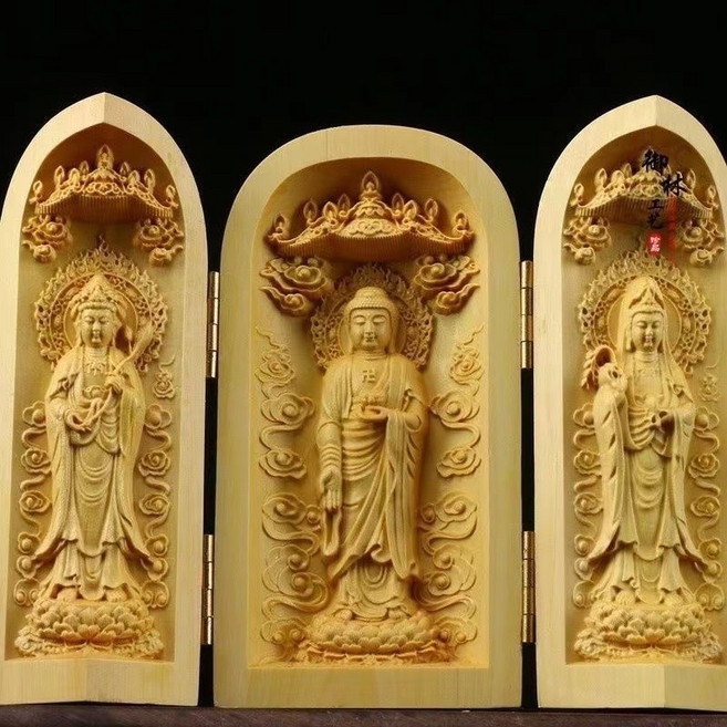 黃楊木雕西方三聖佛/御龍觀音 實木雕刻佛像擺件 工藝禮品, 立西方三聖,直徑5cm*高度10cm