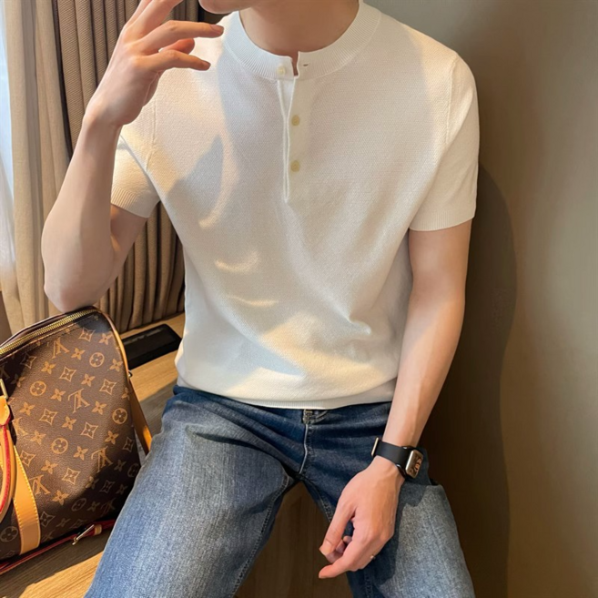 남성 니트 반팔 티셔츠 봄 여름 캐주얼 이너 반팔티 남자 패션 헨리넥 통기성 니트 상의 WMY