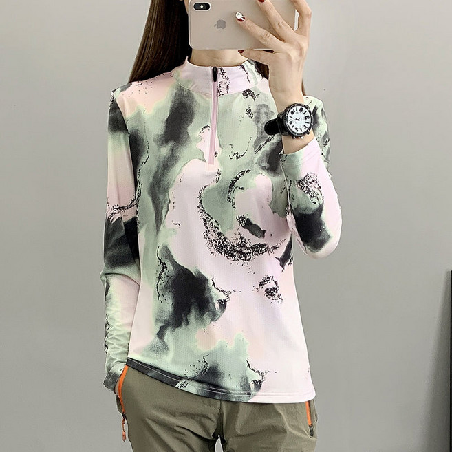 여성 봄 가을 속건 긴팔 티셔츠 하이넥 아웃도어 긴팔티 얇은 자외선 차단 통기 운동 상의 여름 패션 긴팔 아이스 등산 집업 티셔츠 WMY