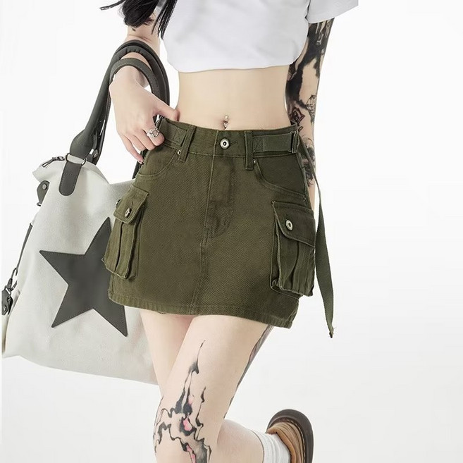 스트릿 카키 포켓 벨트 미니스커트