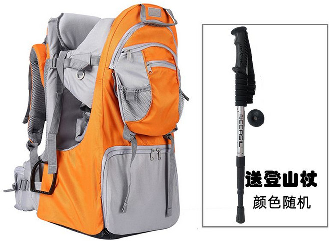 등산 배낭형 아기띠 캐리어 유아 접이식 올인원 신생아 체어 아기 아웃도어, 아기 캐리어 오렌지+트레킹 폴