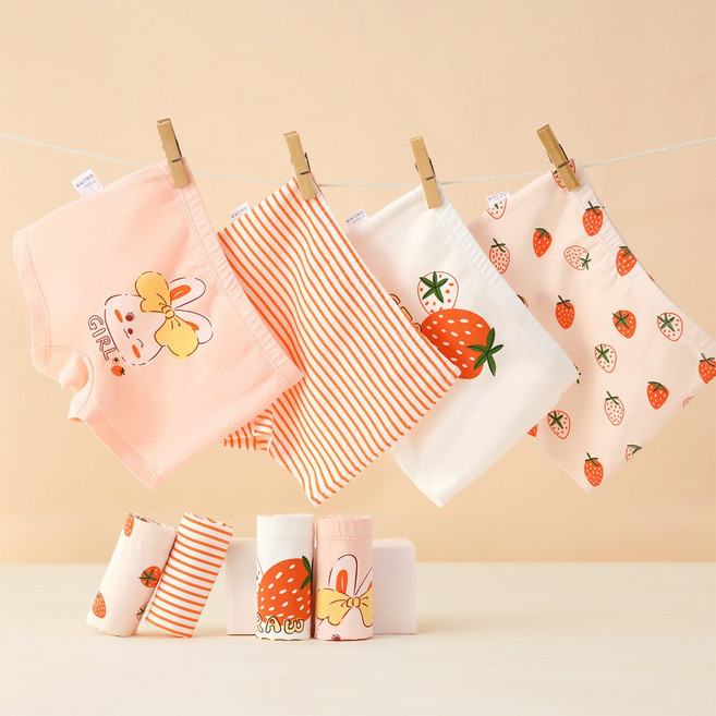 딸기토끼 아동 면 팬티 세트 4매입 여아 사각 드로즈 유아 속옷 어린이 속바지