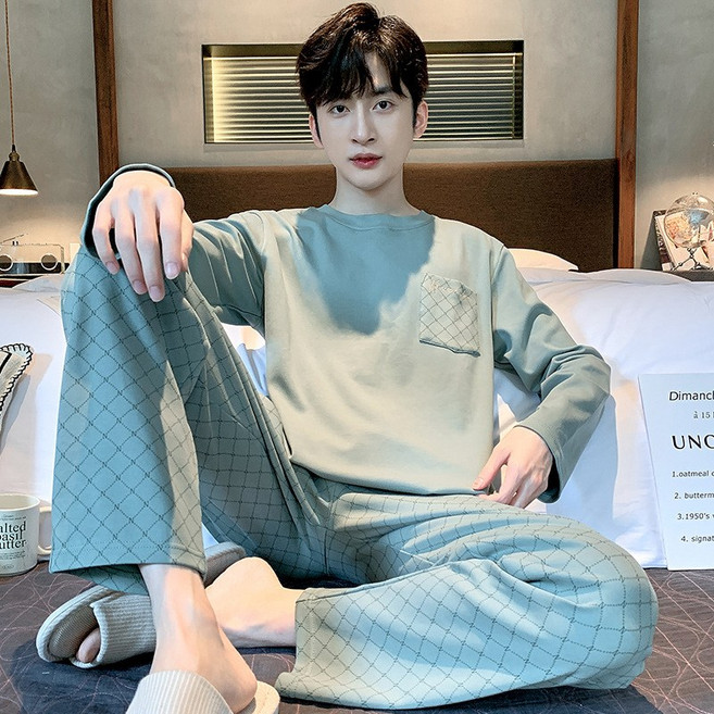 睡衣男士春秋款純棉長袖青少年休閒可外穿秋季家居服大碼套裝