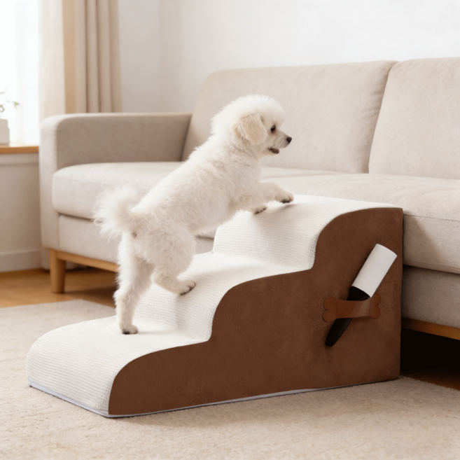 강아지계단 3단 논슬립 슬개골보호 미끄럼방지 애견 쇼파계단 커브 스텝, 1개, 커피브라운