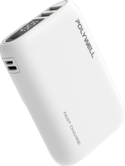 POLYWELL 多功能行動電源 10000mAh 18W Type-C 雙向快充, 白色, WP942P