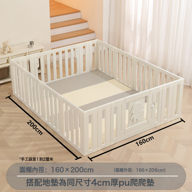 爬爬墊圍欄嬰兒地圍家用客廳地圍欄兒童室內遊戲柵欄寶寶防護欄, 圍欄全白色160*200+4cm厚地墊【送海洋球】:一套