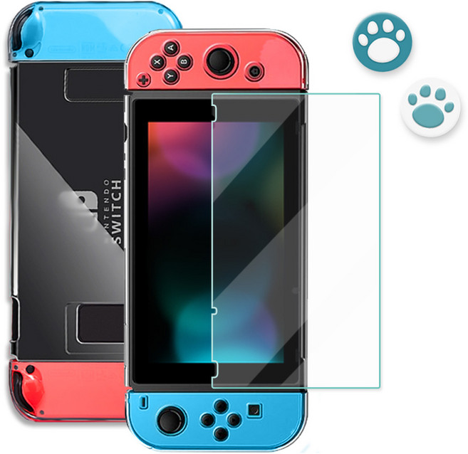 뷰씨 닌텐도 스위치 하드 풀커버 케이스 + 강화유리필름 + 조이콘 커버 2p, 투명, 1세트