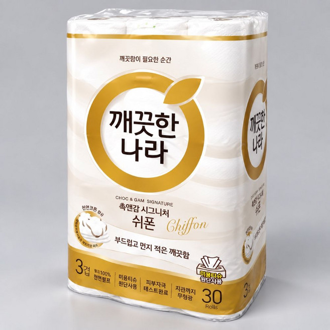 깨끗한나라 촉앤감 시그니처 쉬폰 천연펄프 3겹 고급롤화장지, 27m, 30개입, 1개