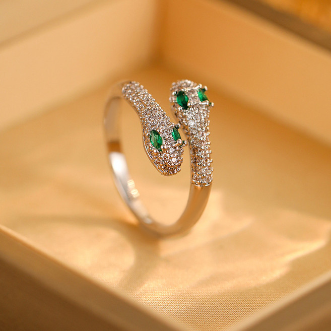 SHMLE 18K 실버 플래팅 유니크 파이톤 반지 그린 큐빅 오픈링 여자친구에게 선물하기