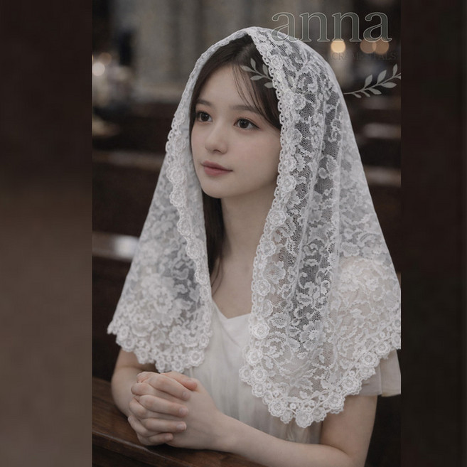 안나네 카톨릭 천주교 미사보 - 화이트 면 장미무늬 (5)국내제작, 1개, 5번