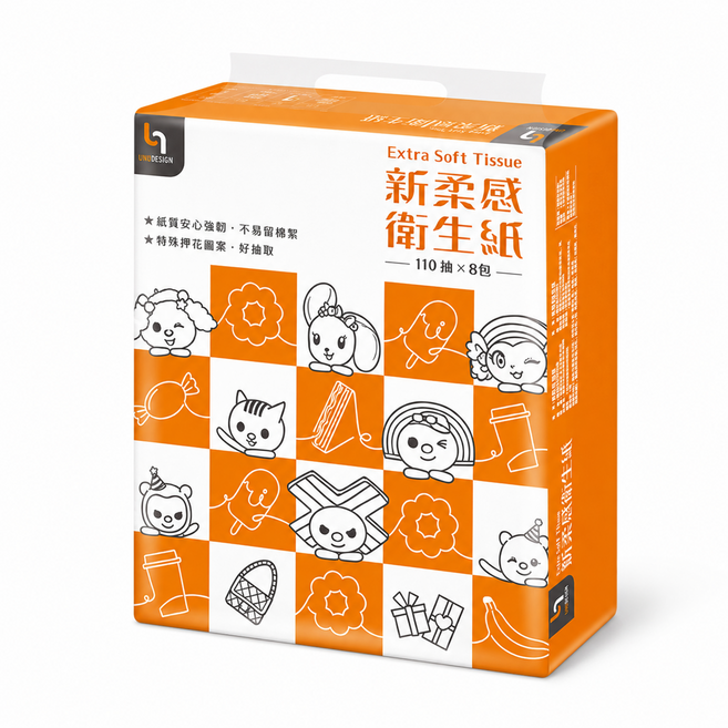 UNIDESIGN 新柔感衛生紙 紙質安心強韌不易留棉絮 特殊押花圖案好抽取, 8個, 1套