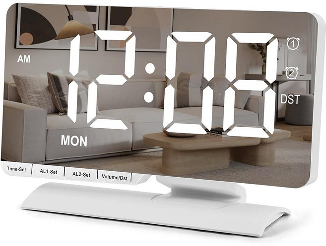 SZELAM 디지털 시계 알람 시계 침대 옆 날짜 디스플레이가 있는 19.3cm(7.3인치) 대형 LED 거울 3가지 모드가 있는 듀얼 알람 브라이트 조절 DST 스, White