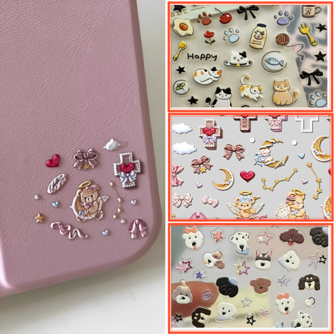 웨젼 엔젤 베어 십자가 다꾸 폰꾸 고양이 강아지 입체 네일 스티커 3종, 1세트, 혼합색상