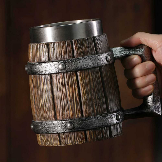 오크통 맥주잔 머그 나무 손잡이 원목 대용량 술집 소품 오리지널 120 모조목형 600ML, 1개