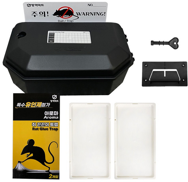 특허받은 벽 고정 마우스 박스 식품공장 쥐 덫 끈끈이 트랩 쥐약 상자 방역업체 사용 제품, 1개, 1세트, 본품+아로마 쥐트랩1갑2매+표식지(가로형)
