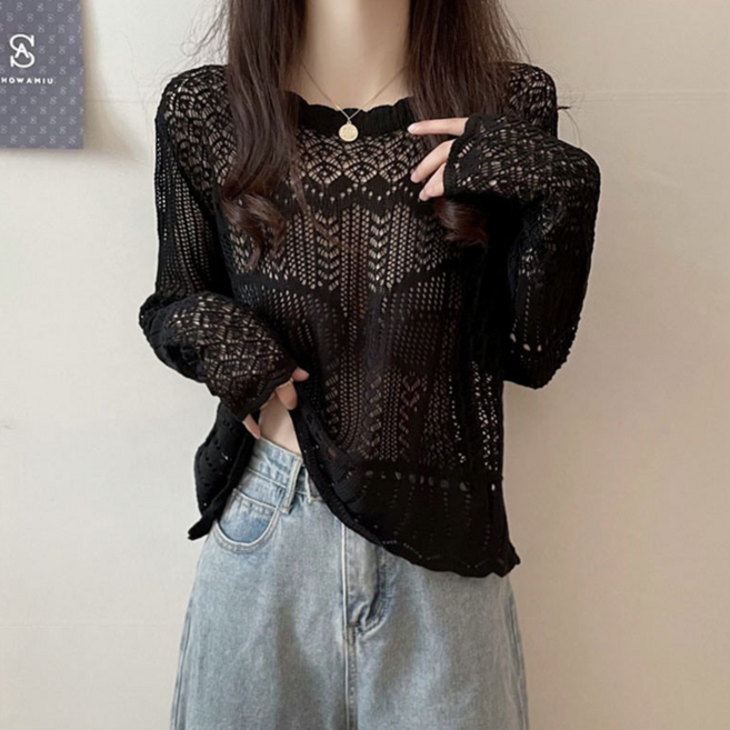 TKX 여성 긴팔 펀칭니트 크롭 레이스 망사 루즈핏 봄 여름 통기성 데일리 캐주얼룩