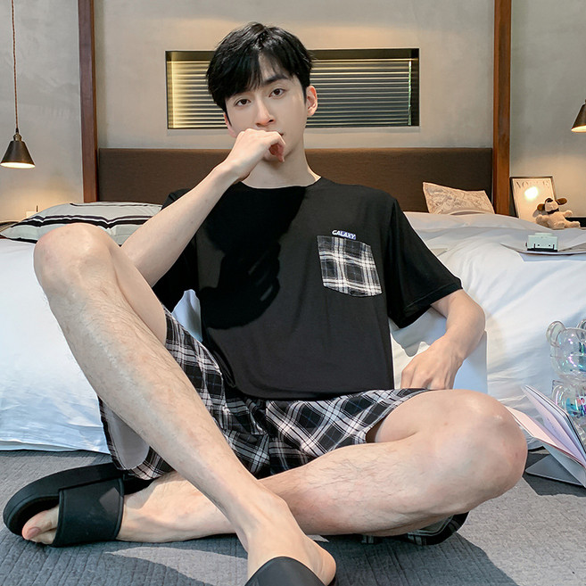 男士睡衣夏季莫代爾短袖短褲青少年韓版簡約大學生薄款家居服睡衣