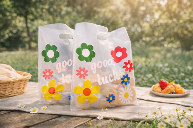 위클리빙 봄꽃 데이지 플라워 손잡이 비닐 쇼핑백 선물 포장 봉투, 50개, 플라워M