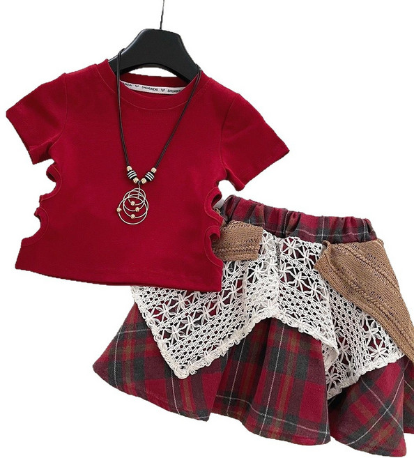 삐삐네옷가게 여아 키즈 레트로 레드 반팔 티셔츠 체크레이스 플레어 스커트룩