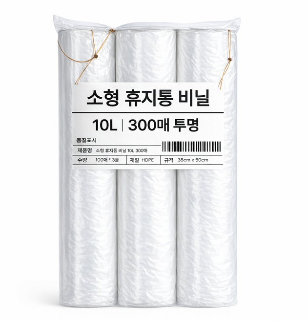 KOKO 국내생산 튼튼한 소형 틈새 휴지통 속지비닐봉투 막지 야채 위생봉투 고리형, 300개, 10L