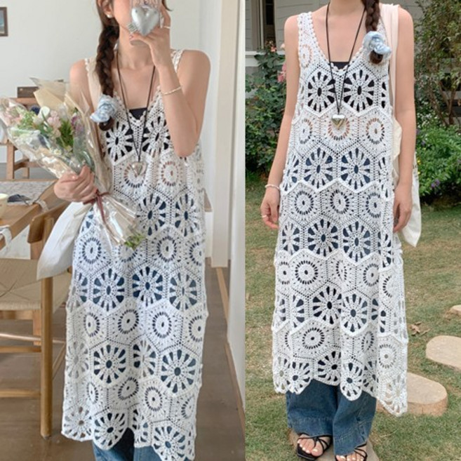 루비루 RB3042 신축성 짱 뜨개 레이스 + 나시 셋트 펀칭 레이어드 롱 뷔스티에 니트 원피스