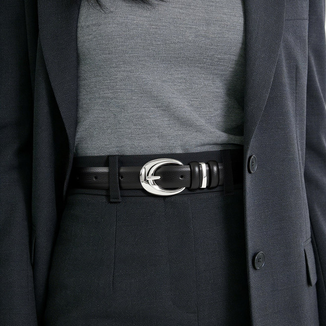 JASGOOD 패션벨트 여성 실버 버클 가죽 벨트 블랙 캐주얼 허리띠