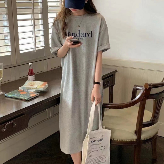 후암마켓 스탠다드 레터링 데일리 반팔 롱 원피스 루즈핏