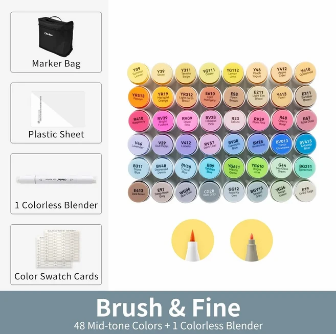 오후후 호놀룰루 B 마커 펜 세트 컬러 알코올 아트 리필 가능한 듀얼 팁 스케치 드로잉 만화 학교 용품, 12 48 Mid-tone Colors