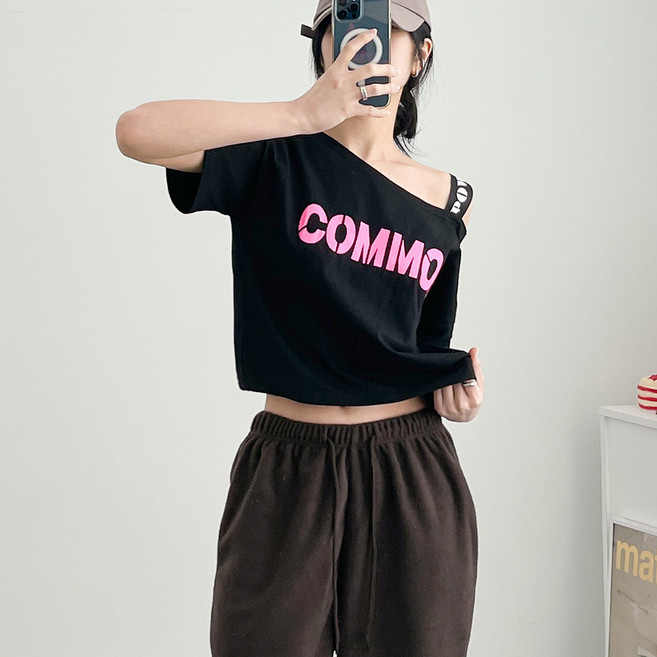 댄마샵 하프 오프숄더 미들 크롭티 여성 줌바 댄스복 상의 방송 댄스 에어로빅복