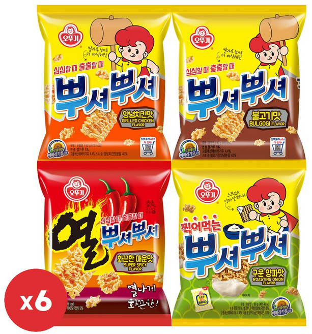 오뚜기 뿌셔뿌셔 구운양파맛 6개+화끈한 매운맛 6개+불고기맛 6개+양념치킨맛 6개(총 24개), 24개, 90g