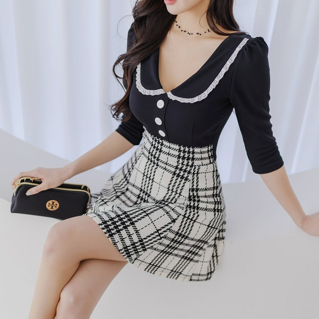 채핏 굿바이 체크플레어 원피스 섹시 미니 홀복 a라인 배색 하이웨스트 러블리 여친룩 데이트룩