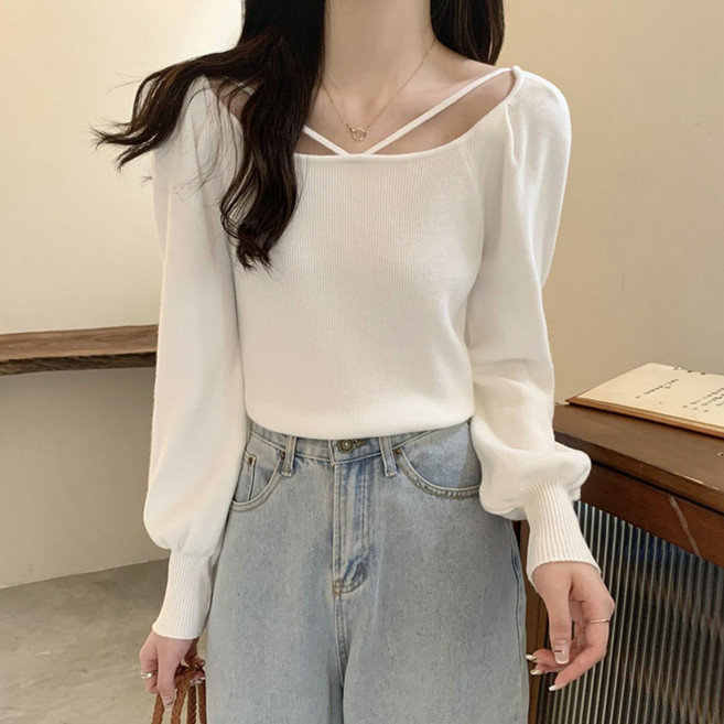 봄 가을 여자 니트티 긴팔 프렌치 스퀘어넥 퍼프 소매 슬림핏 니트 긴팔 상의 빅사이즈 캐주얼 여성 긴팔 니트 LCC