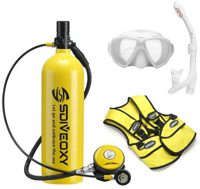 스쿠버 다이빙 장비 기어 C 세트 미니 마스크 어댑터 실린더 산소 병 수중 스노클링 2L, 02 SD800 C-Yellow
