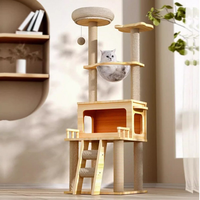 SeekFun 튼튼 원목 캣타워 캣트리 고양이 장난감 캣폴, 원목색-C, 1개