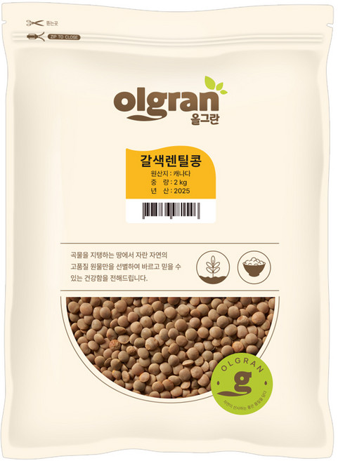 올그란 갈색 렌틸콩 브라운 렌즈콩, 1개, 2kg