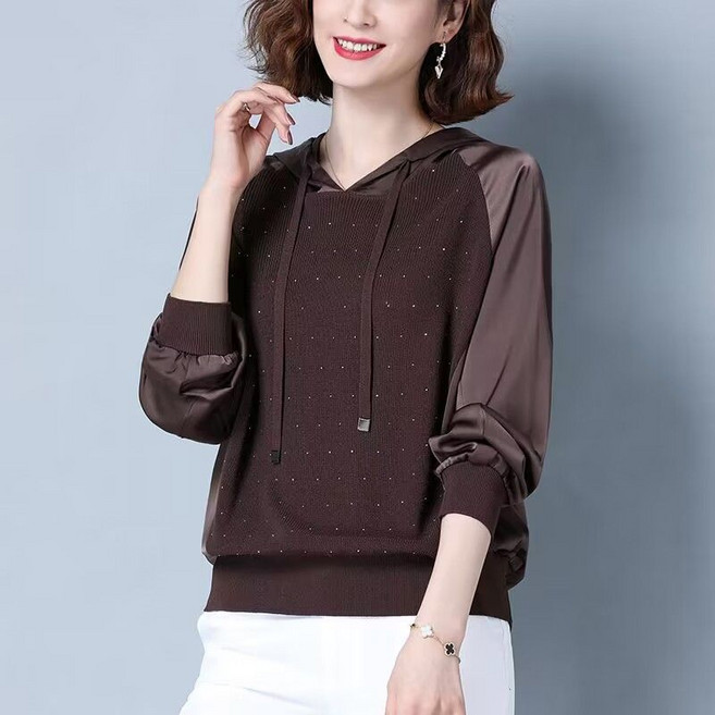 중년여성 패치워크 땡땡이 쉬폰소매 긴팔 후드 맨투맨 얇은 스워터 니트티 상의 후드티