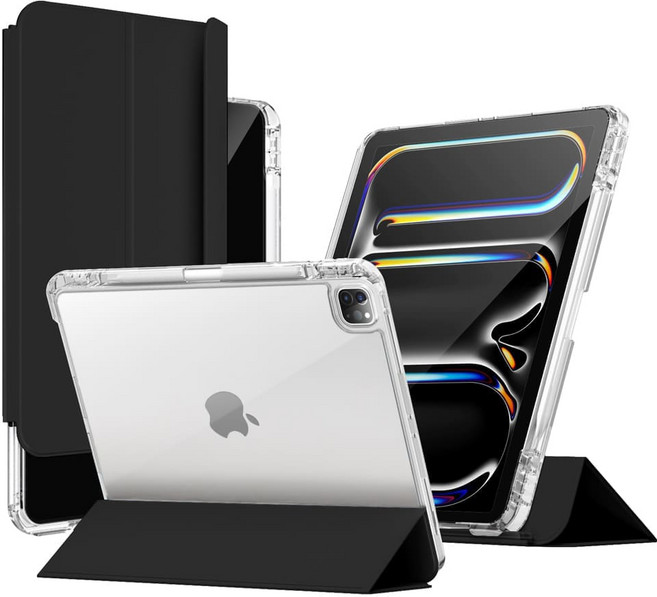 와이드 클리어 아이패드 슬라이드 세로거치 고광택 투명케이스 아이패드 7 8 9 10 에어 6 5 4 프로11 프로13 12 호환 애플펜슬 충전 수납 홀더, 아이패드 11세대(A16), 블랙