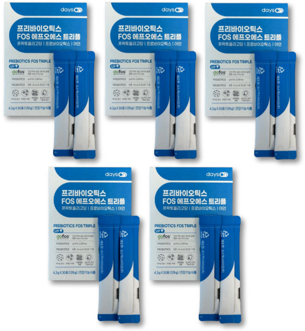 데이즈온 프리바이오틱스 FOS 트리플 유산균 먹이 장케어 프락토 갈락토 자일로 올리고당 아연 장내유익균 프로바이오틱스, 5세트